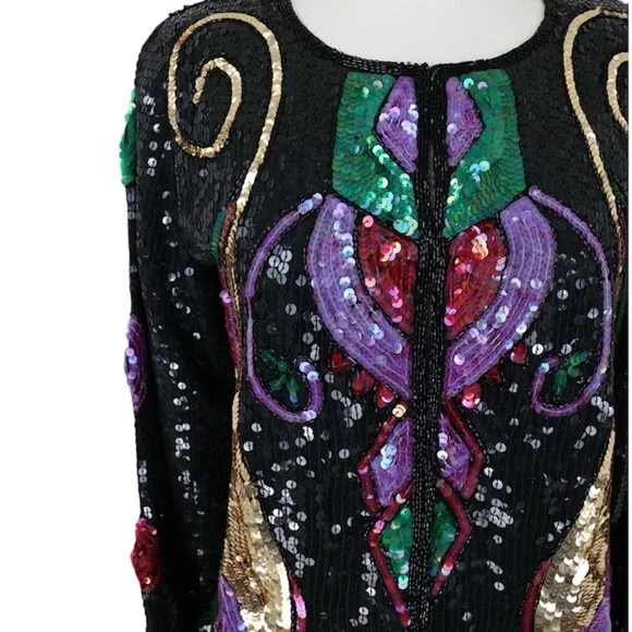 NWT 80s Vintage Carina Sequin 100% Silk Multicolored Long Sleeve Jacket Blazer - Picture 3 of 7